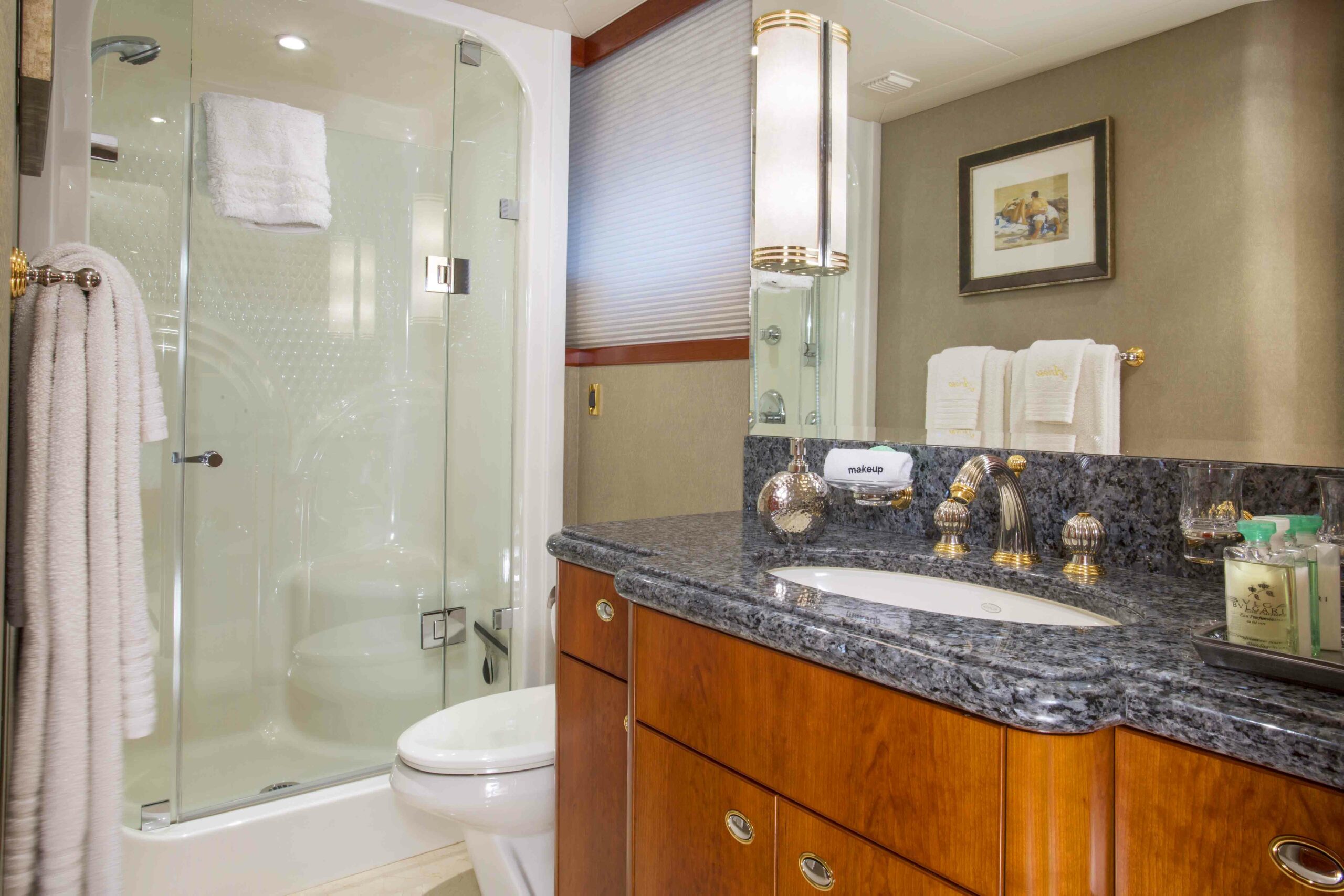 The guest Bath on Arioso a 130-ft Westport in St Thomas.