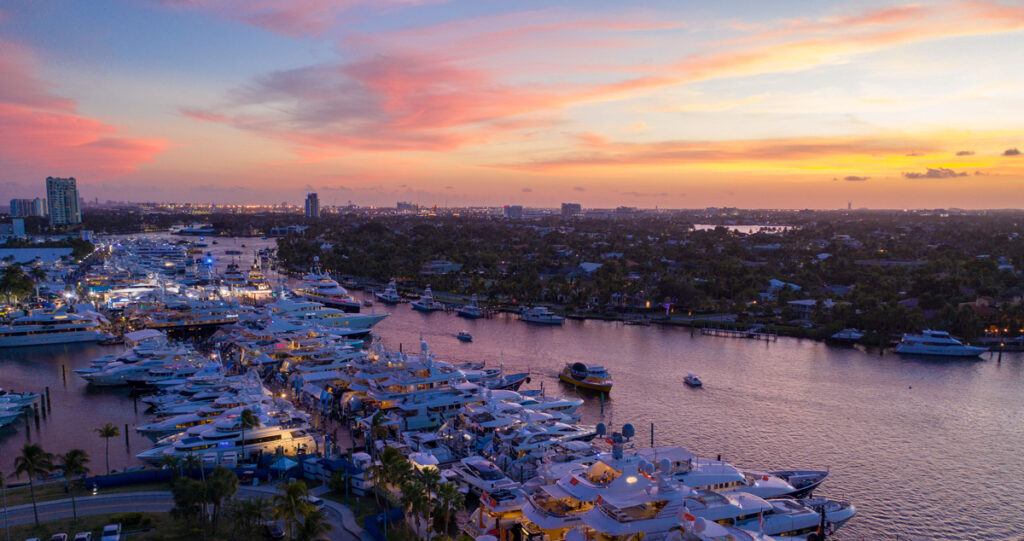 Sunset aerial view of the Fort Lauderdale International Boat Show.