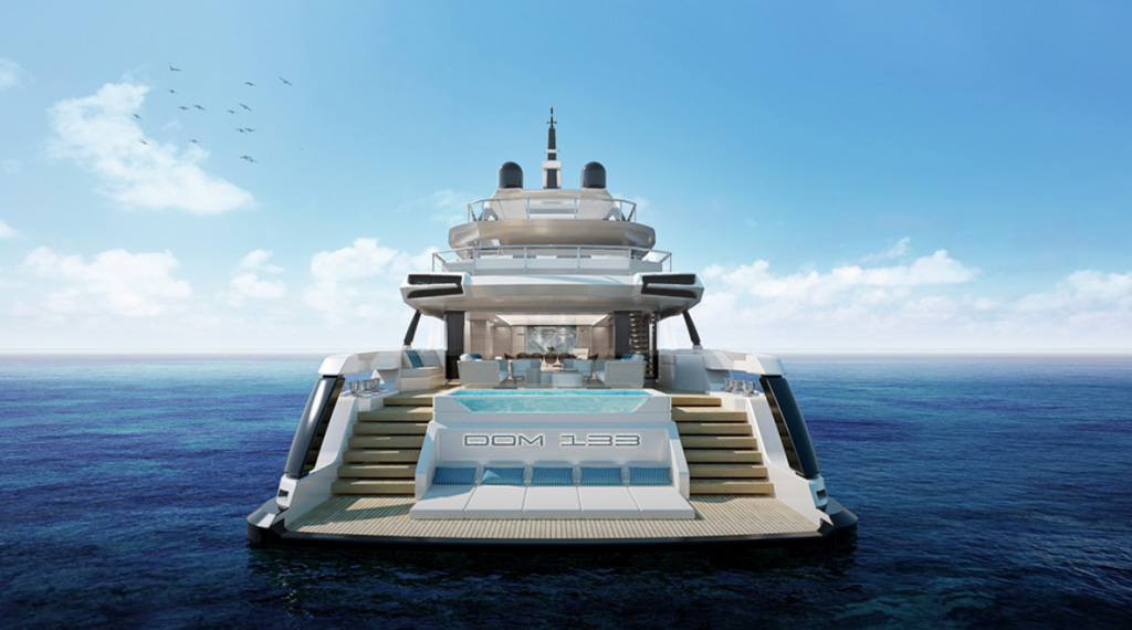 Aft Profile of DOM133 134 foot Baglietto yacht for sale