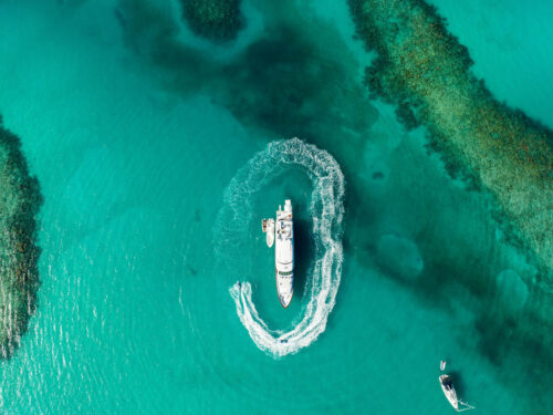 Aerial of 124' Bahamas charter yacht PURSUIT