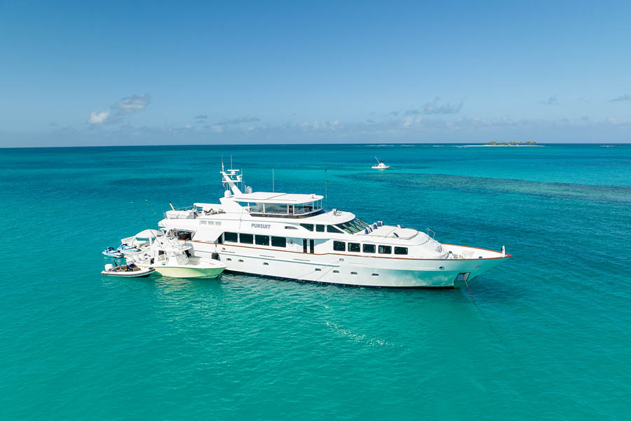 Aerial of 124' Bahamas charter yacht PURSUIT
