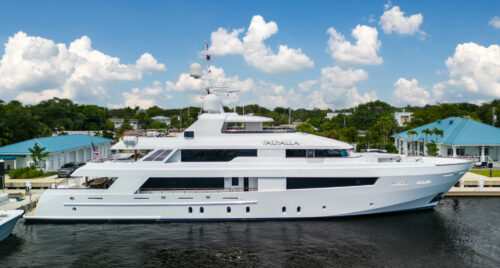 Aerial profile of VALHALLA 151 foot Northern Marine yacht for charter.