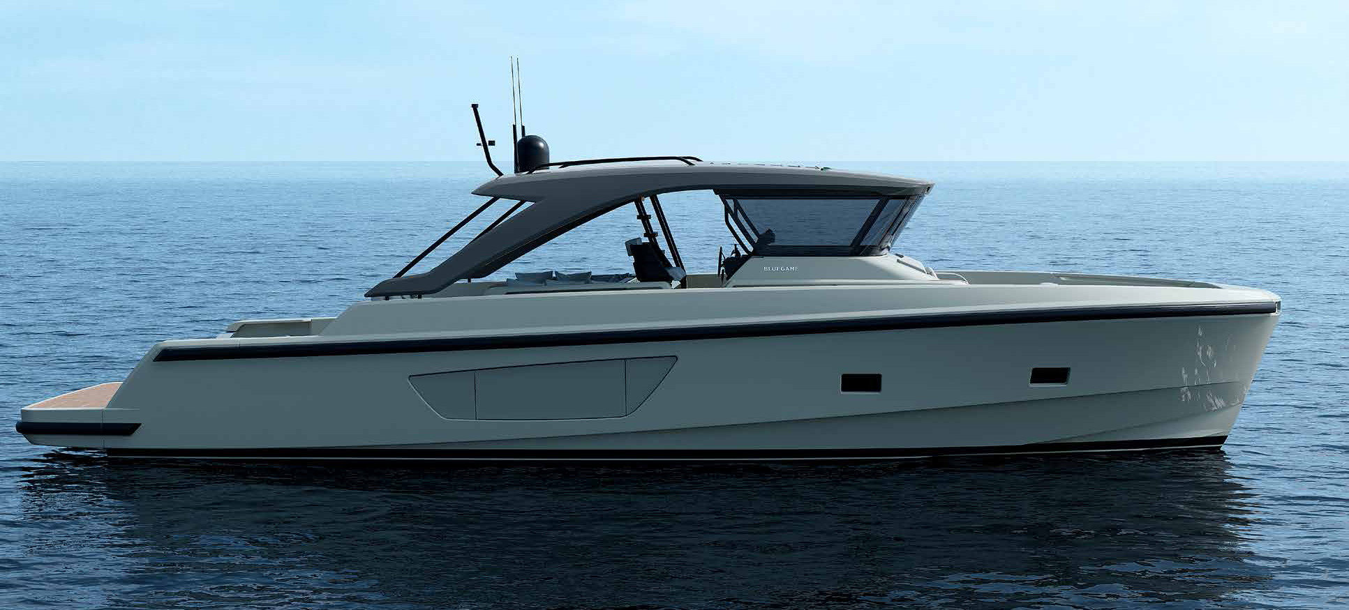 Profile of the BG54, a sleek Bluegame yacht for sale with twin Volvo IPS engines, convertible cabin layouts and bold styling made for adventure.