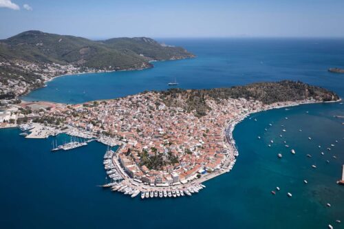 Aerial of yachts at the EMMYS Charter Show in Paros, Greece.