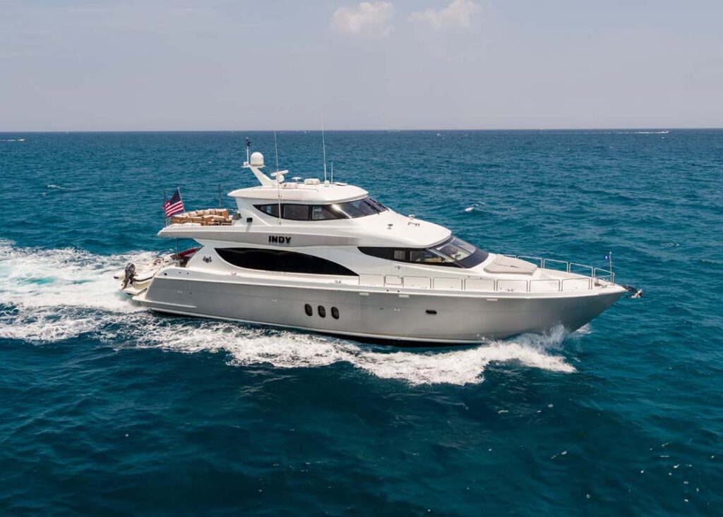 Profile of INDY, an 85 foot Hatteras yacht for charter.