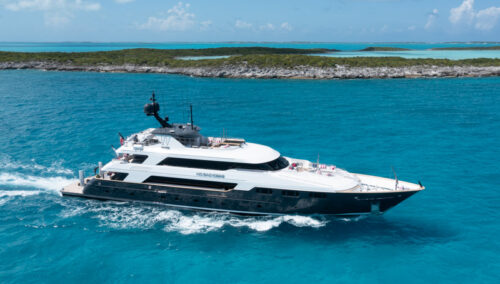 Running profile of NO BAD IDEAS, a 160' Trinity yacht for sale.