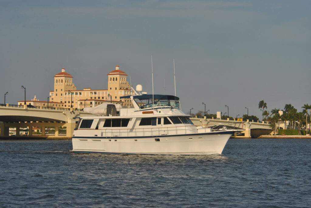 Profile of CAVALIER, a 64′ Hatteras motor yacht for sale with 4 staterooms, stabilizers, a bow thruster and an expansive flybridge.