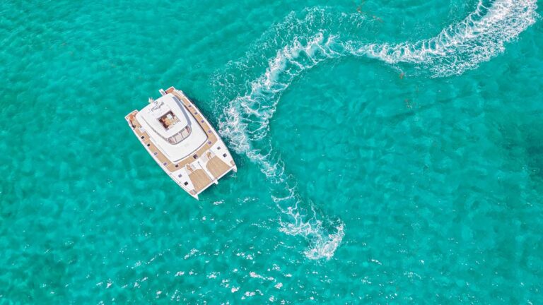 Aerial profile of PLAYTIME, a 64 foot Lagoon yacht for charter in The Bahamas.