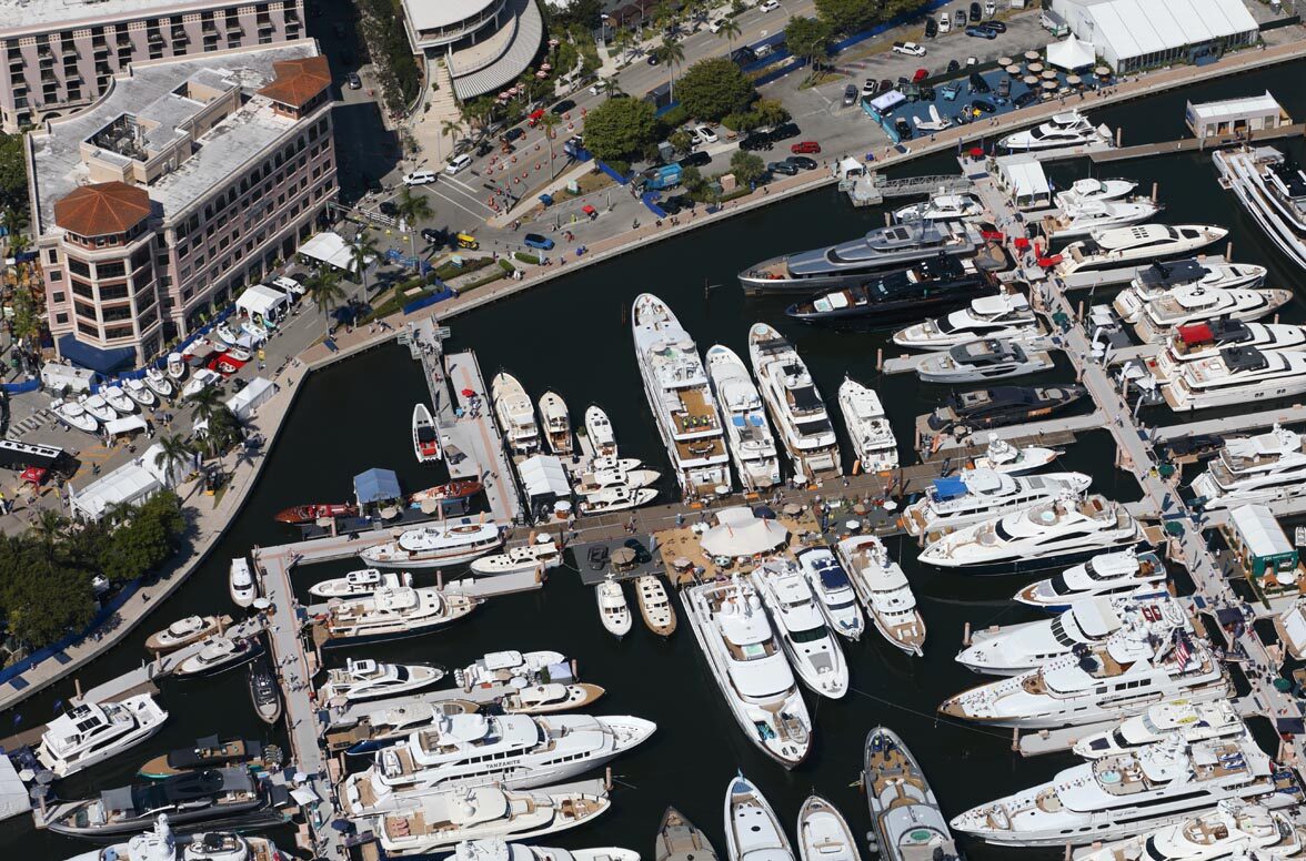 Aerial view of Worth Avenue Yachts' display at the 2025 Palm Beach International Boat Show (PBIBS).