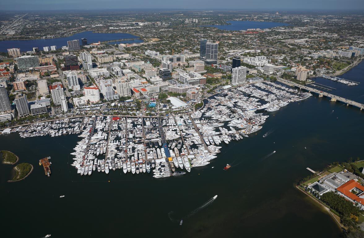 Aerial view of Worth Avenue Yachts' display at the 2025 Palm Beach International Boat Show (PBIBS).