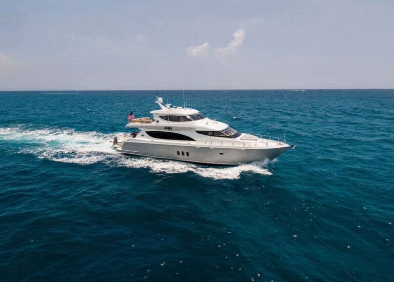 Profile of INDY, an 85 foot Hatteras yacht for charter in New England.