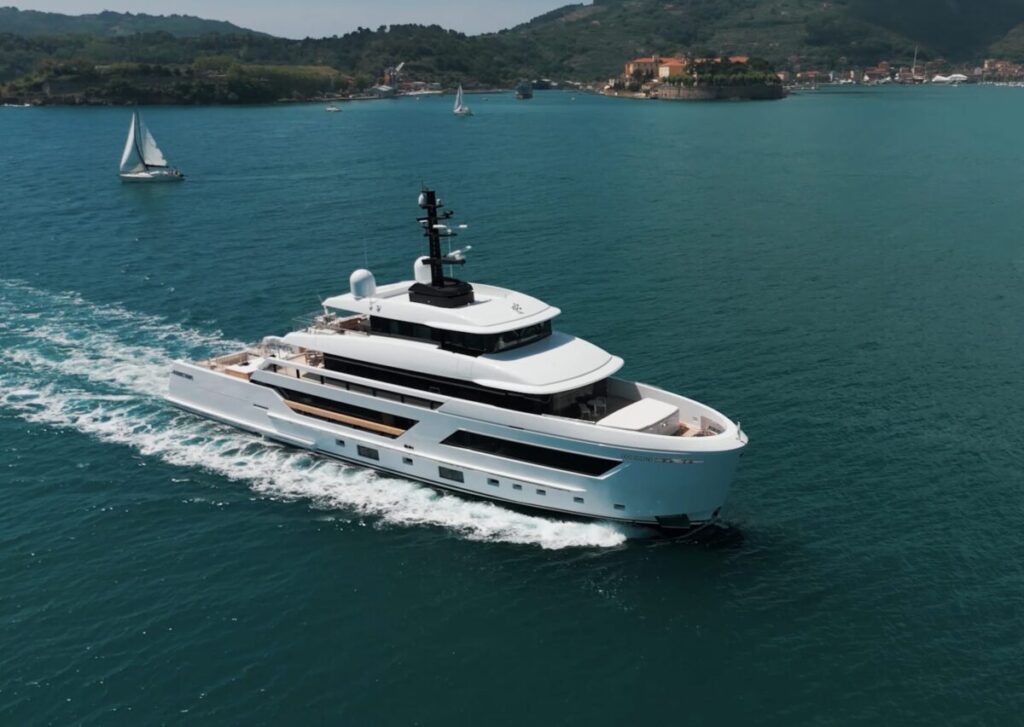 Running profile of TOLEMAI, a 143 foot Sanlorenzo yacht for sale.