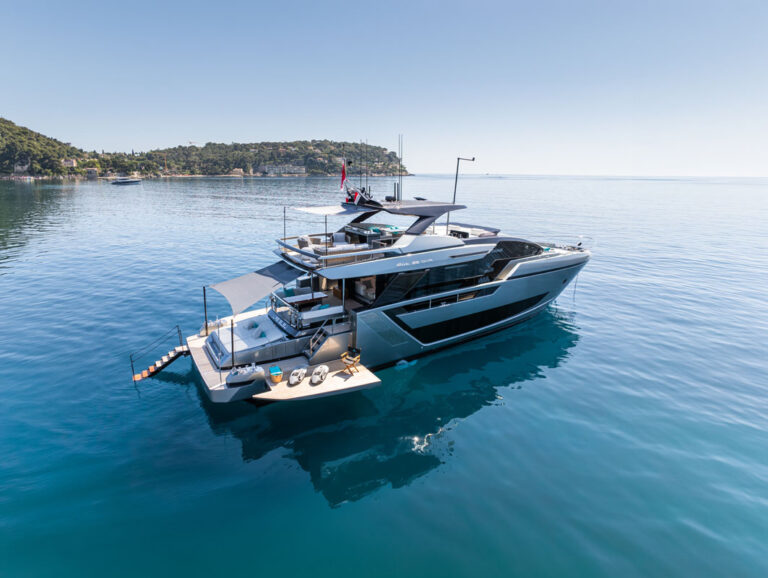 Profile of L'AS BLEU, an 82 foot Riva yacht for charter in the West Mediterranean.