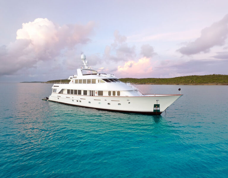 Profile of CHANSON, a 120 foot Christensen yacht for charter in The Bahamas.