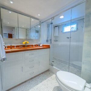 Master ensuite of SOVEREIGN, a 100' Burger yacht for charter in the Dominican Republic.