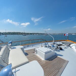 Bow of SOVEREIGN, a 100' Burger yacht for charter in the Dominican Republic.