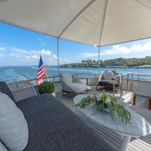 Flybridge aft of SOVEREIGN, a 100' Burger yacht for charter in the Dominican Republic.