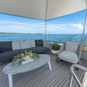 Flybridge aft of SOVEREIGN, a 100' Burger yacht for charter in the Dominican Republic.