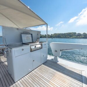 Flybridge aft of SOVEREIGN, a 100' Burger yacht for charter in the Dominican Republic.