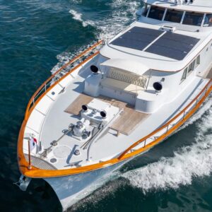 Bow of SOVEREIGN, a 100' Burger yacht for charter in the Dominican Republic.
