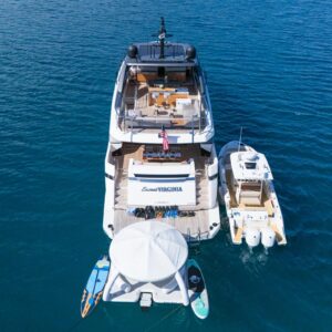 Aft profile of SWEET VIRGINIA, a 96′ Sanlorenzo yacht for charter in The Bahamas.