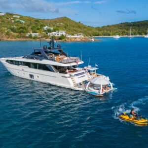 Aft profile of SWEET VIRGINIA, a 96′ Sanlorenzo yacht for charter in The Bahamas.