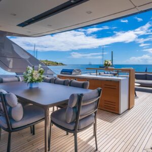 Sundeck of SWEET VIRGINIA, a 96′ Sanlorenzo yacht for charter in The Bahamas.