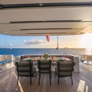 Aft deck of SWEET VIRGINIA, a 96′ Sanlorenzo yacht for charter in The Bahamas.