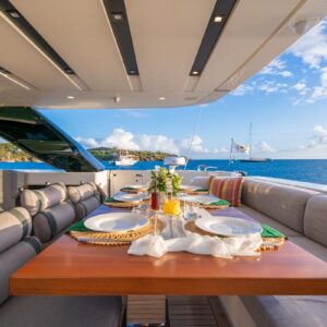 Aft deck of SWEET VIRGINIA, a 96′ Sanlorenzo yacht for charter in The Bahamas.