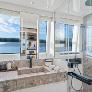 Master stateroom ensuite of SWEET VIRGINIA, a 96′ Sanlorenzo yacht for charter in The Bahamas.