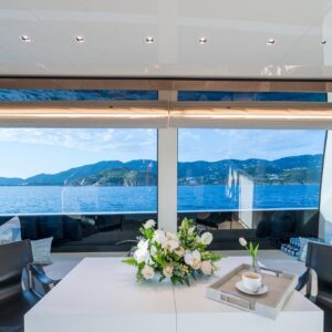 Main salon ensuite of SWEET VIRGINIA, a 96′ Sanlorenzo yacht for charter in The Bahamas.