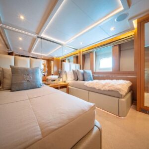 Guest stateroom of DB9, a 171 foot Palmer Johnson yacht for charter in the Mediterranean.