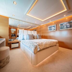 Guest stateroom of DB9, a 171 foot Palmer Johnson yacht for charter in the Mediterranean.