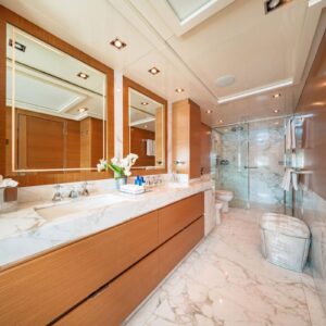 Master stateroom ensuite of DB9, a 171 foot Palmer Johnson yacht for charter in the Mediterranean.