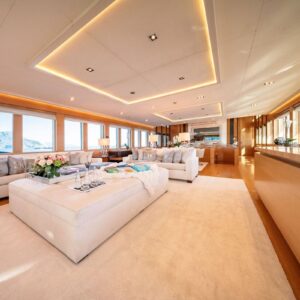 Main salon of DB9, a 171 foot Palmer Johnson yacht for charter in the Mediterranean.