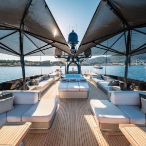 Sundeck of DB9, a 171 foot Palmer Johnson yacht for charter in the Mediterranean.