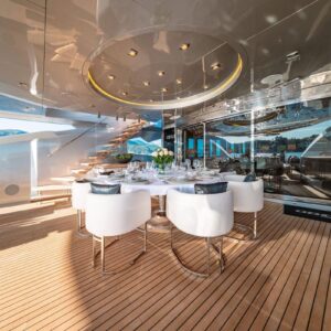 Aft deck of DB9, a 171 foot Palmer Johnson yacht for charter in the Mediterranean.