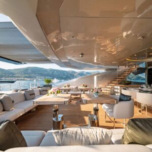 Aft deck of DB9, a 171 foot Palmer Johnson yacht for charter in the Mediterranean.