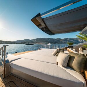 Aft deck of DB9, a 171 foot Palmer Johnson yacht for charter in the Mediterranean.