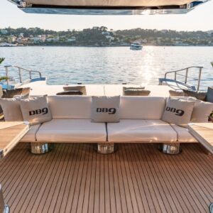 Aft deck of DB9, a 171 foot Palmer Johnson yacht for charter in the Mediterranean.