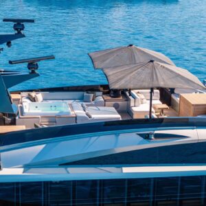 Sundeck of DB9, a 171 foot Palmer Johnson yacht for charter in the Mediterranean.
