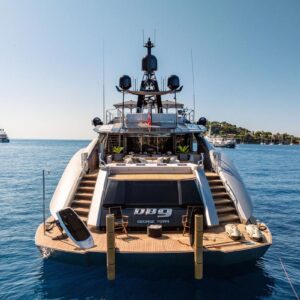 Beach club of DB9, a 171 foot Palmer Johnson yacht for charter in the Mediterranean.
