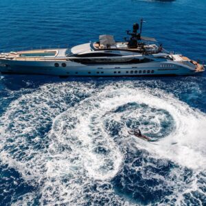 Aerial profile of DB9, a 171 foot Palmer Johnson yacht for charter in the Mediterranean.