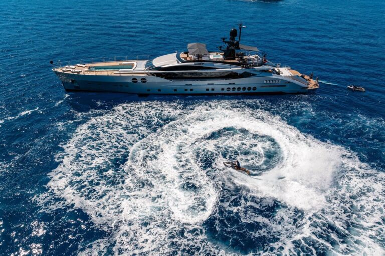 Aerial profile of DB9, a 171 foot Palmer Johnson yacht for charter in the Mediterranean.