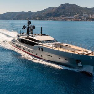 Running profile of DB9, a 171 foot Palmer Johnson yacht for charter in the Mediterranean.