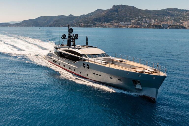 Running profile of DB9, a 171 foot Palmer Johnson yacht for charter in the Mediterranean.