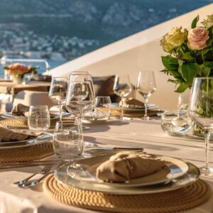 Aft deck dining aboard DB9, a 171 foot Palmer Johnson yacht for charter in the Mediterranean.