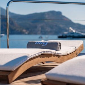 Lounging chair aboard DB9, a 171 foot Palmer Johnson yacht for charter in the Mediterranean.