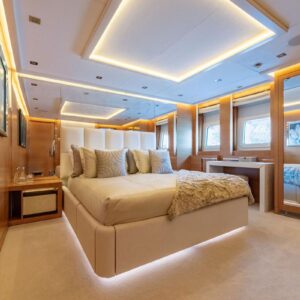 Guest stateroom of DB9, a 171 foot Palmer Johnson yacht for charter in the Mediterranean.