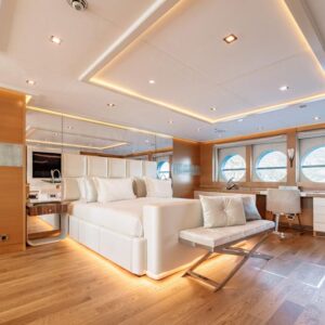 Master stateroom of DB9, a 171 foot Palmer Johnson yacht for charter in the Mediterranean.